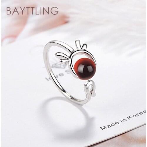 BAYTTLING 925 Sterling Silver Red/pink Cute Antler Zircon Open Ring For Women Fashion Jewelry Couple Ring Gift