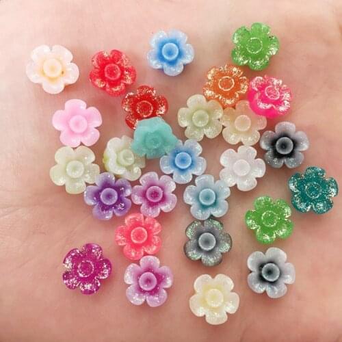 Glitter Resin Kawaii 10mm Mix Colorful Flower Flat back Cabochon Stone 100PCS Scrapbook DIY Decor Home Figurine Crafts OF580