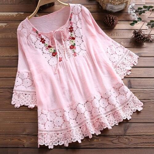 Womens Lace Blouse Plus Size 5xl Summer Tops Bohemian Long Sleeve Shirts Female V Neck Hollow Blusas Female Loose Tunic A20