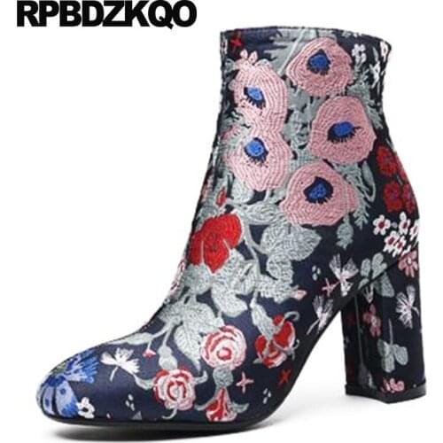 Flower Shoes Fetish Embroidered Vintage Platform Ankle Side Zip Boots Round Toe Custom Extreme Chunky High Heel Embroidery Women