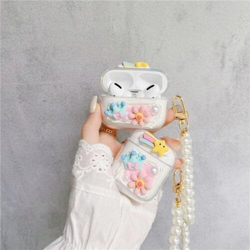 Cute 3D Cartoon Flower Crown Floral Rainbow Wireless Earphone Case for Apple AirPods 1 2 Pro Cover with Pearl Bracelet Girl Gift