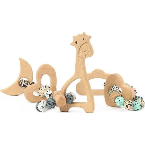 Baby 15mm Silicone Bead Teether Bracelet Ring Cute Beech Wooden Pendant Baby Boy Girl Teething Rattle Shower Gift Wholesale