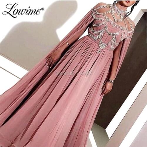 Beaded Crystals Muslim Evening Dresses Pink Arabic Dubai Turkish Formal Party Dress 2019 Couture Kaftans Long Prom Gowns