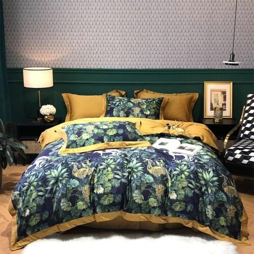 New Luxury 600TC Egyptian Cotton Tropical Plants Printing Bedding Set Duvet Cover Flat/Fitted Sheet Pillowcases Home Textiles