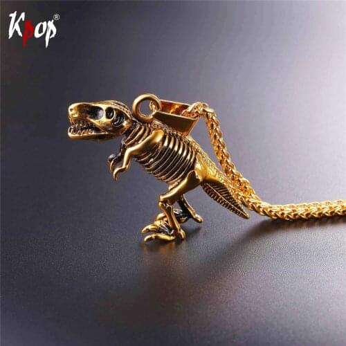 Kpop Stainless Steel Tyrannosaurus/Punk Dinosaur Bone Skeleton Pendant Necklace Gold/Black Color Animals Jewelry Necklaces P2593