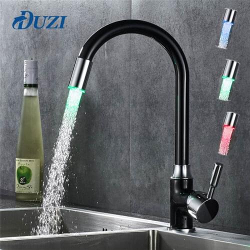 Kitchen Faucet LED Light Nozzle Gourmet Sink Mixer Water Cold Hot 2 in 1 Temperature Sensor Tap 360 Degree Rotation Filter Black