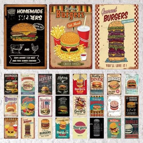 Fast Food Tin Sign Hamburger Metal Sign Plaque Metal Vintage Wall Stickers Decor for Kitchen Cafe Diner Bar Burger Metal Signs