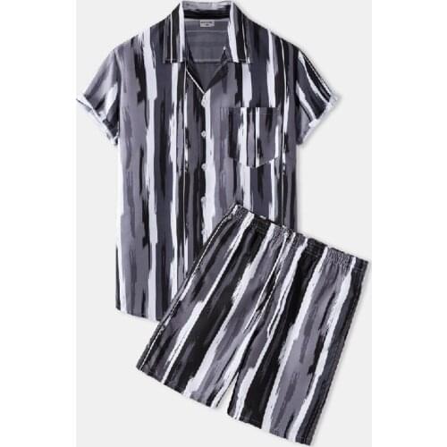 Graffiti Men Short Sets Summer Hawaiian Striped Casual Print Aloha Shirt Set Beach Shorts Streetwear 2 Pcs Oversize Mens Suit