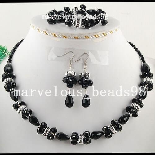 Wholesale 7 sets Black Faceted Crystal Water Drop Art Beads Necklace Bracelet Earrings FG3906