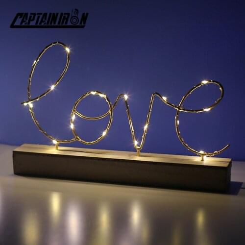 CAPTAINIRON Wrought Iron Wooden bottom letter night light Nordic Creativity For Home Decor INS Ornaments Art Lights Accessories