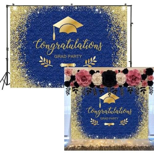 Congratulations Grad Party Backdrop Congrats Prom Photography Backdrop Gold Glittering Royal Blue Background Decoration Banners