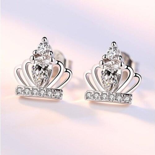 TJP Classic Crystal Crown Princess Girl Silver Stud Earrings Jewelry Charm 925 Silver Earrings Women Party Accessories Crystal