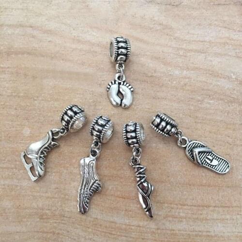 Mix Different 30pcs Vintage Foot & Shoe Charm Big Hole Loose Beads Pendant Fit European Charm Bracelet DIY Metal Jewelry Making