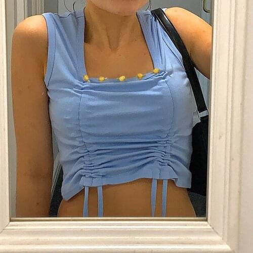Y2K Ruched Drawstring Sleeveless Crop Top Women Casual Sweat Cute 90s Blue White Tank Tops Tees Ladies Fashion Streetwear