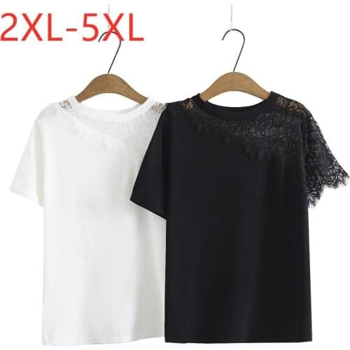New 2021 Ladies Summer Plus Size Top For Women Large Short Sleeve Elastic Cotton Black White Lace O-neck T-Shirt 2XL 3XL 4XL 5XL