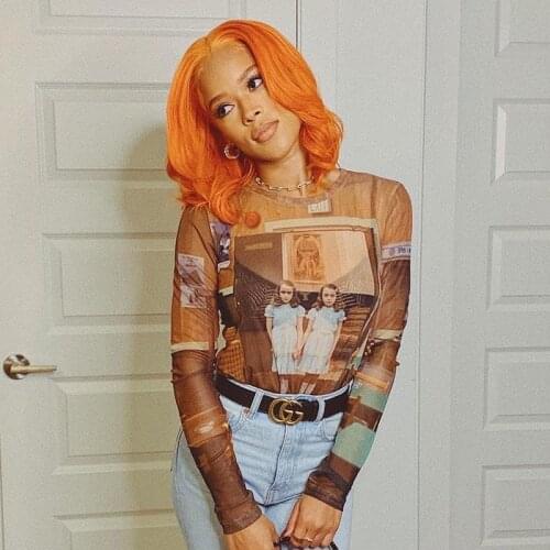 Women See Through Sheer Mesh Painting Print Chic T Shirt Long Sleeve O Neck Y2K Slim Stretchy Top Street Clubwear Autumn Q20770T