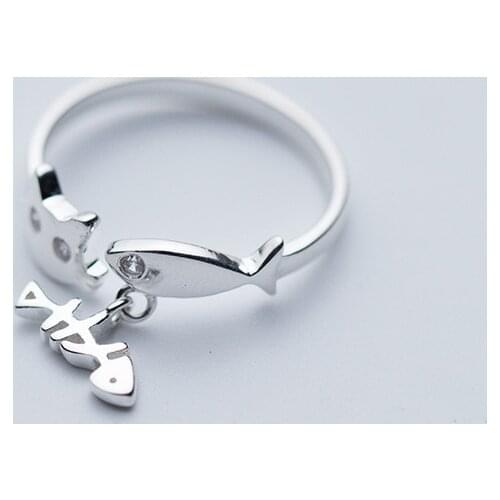 MloveAcc 925 Sterling Silver Cute Fish & Cat Charm Polish Open Rings for Women S925 Resizable Wedding Engagement Rings