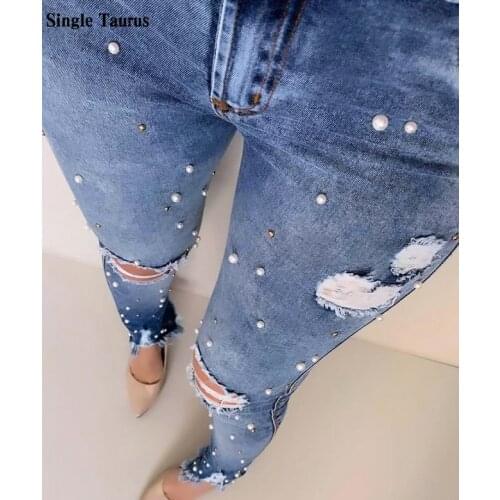Embroidered Flares Pearl Vintage Jeans Women Fashion High Waist Elasticity Slim Skinny Streetwear Casual Plus Size Denim Pants