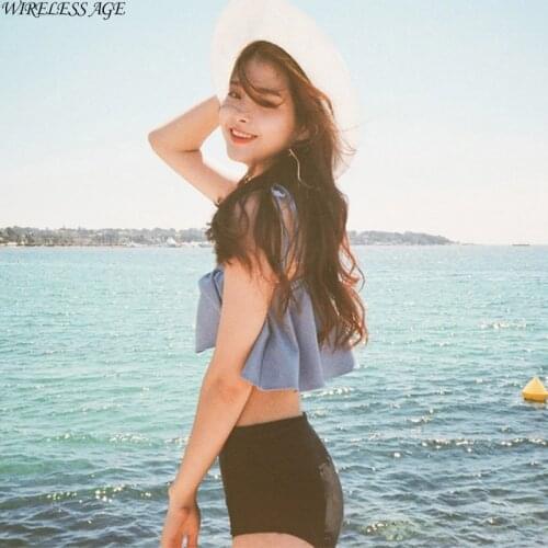 WIRELESS AGE Denim Swimwear Women Off Shoulder Ruffled Bikini Split High Waist 2021 Korean Summer New Fashion Swimsuit Aesthetic