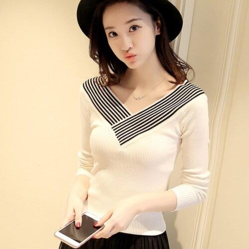 2021 Autumn brief paragraph v-neck stripe off-the-shoulder number female hedge render spring knit sweaters thin coat