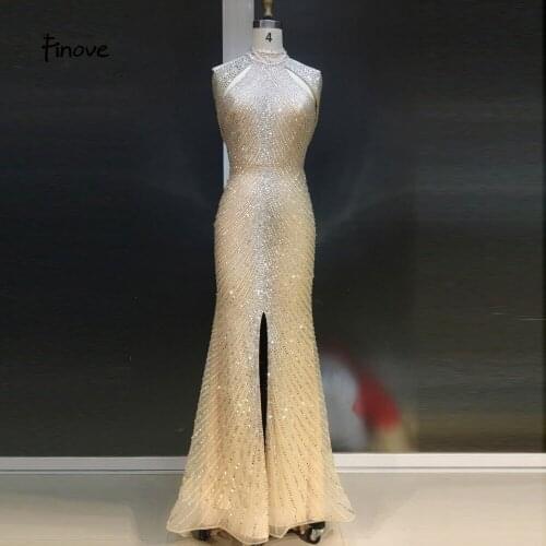 Finove New Long Evening Dress Long 2020 Chic Fully Beaded Sexy Halter Backless Slit Champagne Woman Dress Party Prom Dress Gowns
