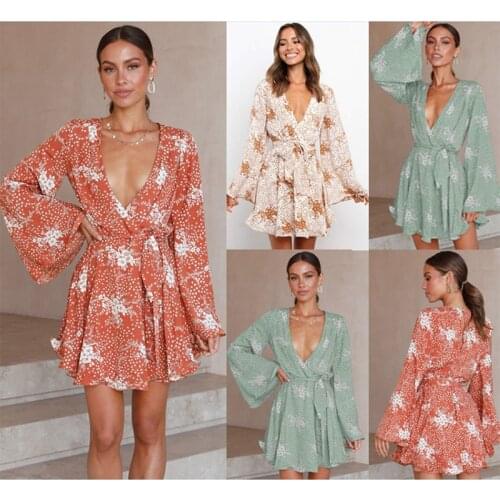 2021 Autumn New Fashion Floral Long-Sleeved Lace-Up Pullover Dresses For Women Flare Sleeve Sexy Deep V-Neck Printed Dress Femme