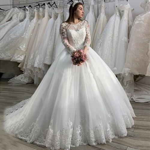 Sheer Scoop Neck Long Sleeves Wedding Dress 2021 Princess Ball Gown White Russia Bridal Gowns Vintage Appliques Vestido De Noiva