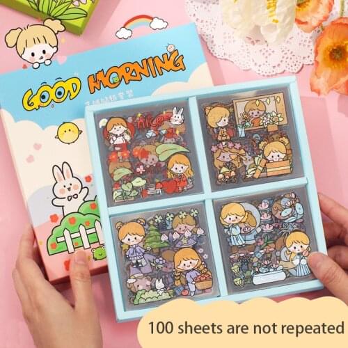 100 Sheets Small Puffs Series PET Sticker Kawaii Character Decoration Material Sticker Gift Box High Quality Stickers Stationery