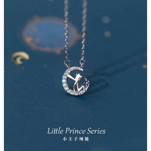 100% Real 925 Sterling Silver Little Prince and Moon Pendant Necklace Star Moon Necklaces for Women Girls X0003
