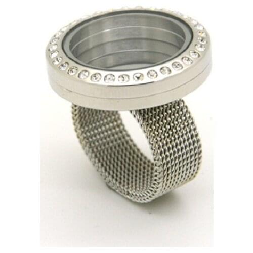 20mm Magnetic Stainless Steel Floating Locket Ring With Rhinestones Glass Living Locket Ring Mesh Band 10pcs