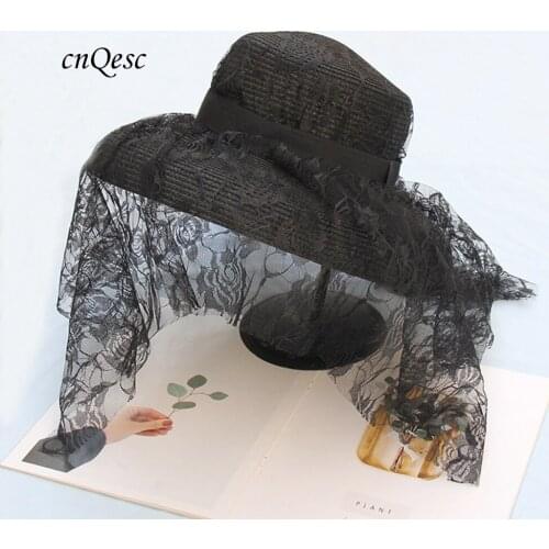 2020 NEW DESIGN.Black Summer Straw hat Womens Lace hut Beach hat for Derby Church,wedding Kentucky Derby