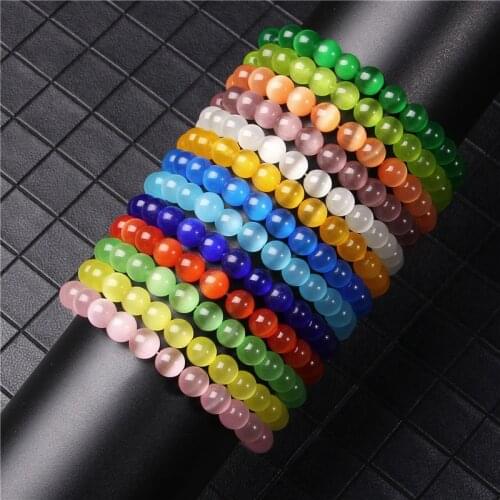 Women Chakra Beaded Bracelet 8mm Round Polished Natural Stone Cat Eye Beads Stretch Bracelet Men Couples Energy Jewelry Gifts