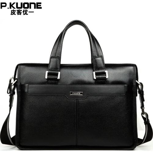 P.KUONE Brand Natural Genuine Leather men bag 14" & 15" inch Laptop Bag Formal Handbags Fashion business Briefcases