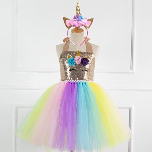 Girls Unicorn Princess Cosplay Costume Kids Sequin Tulle Rainbow Princess Birthday Party Dresses Kids Carnival Fancy Dress Up