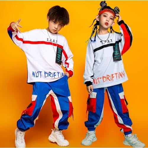 Kids Jazz Hip Hop Costume Girls Long Sleeve Hip Hop Sweatshirt Tops Blue Trousers Boys Loose Street Clothing Rave Outfit BL5228
