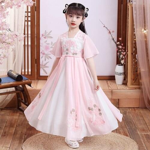 Childrens Short Sleeve Round Neck Dress Fairy Stage Dancewear Kids Embroidery Chinese Style Clothing Stage Chiffon