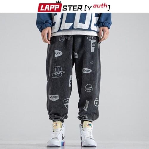 LAPPSTER-Youth Men Korean Fashions Printed Graphic Jeans 2021 Mens Spring Vintage Denim Pants Male Loose Streetwear Joggers 5XL