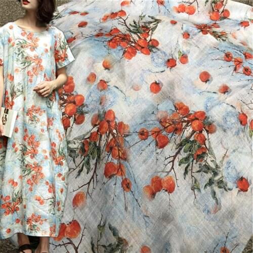 Painting Natural Pure ramie Linen cloth Printed fabric for dress robe Summer thin tissu diy handmade Sewing DIY