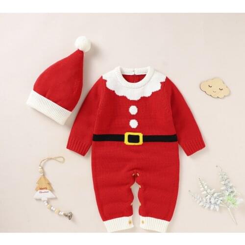 Winter Warm Knitted Baby Christmas Rompers Overalls Jumpsuits Cute Santa Claus Knitted Newborn Boys Girls 2pcs Outfits Set