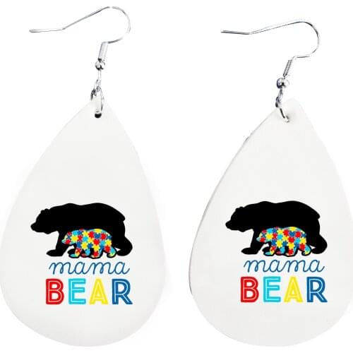 Leather Earrings Autism Awareness Print Mama Bear Teardrop Earrings Stock