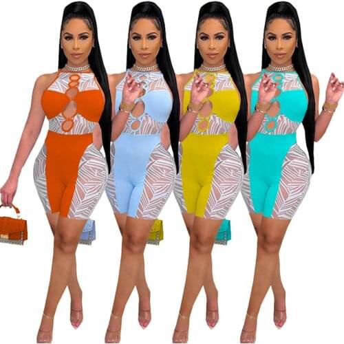 Summer Fashion Women Hollow Out Sleeveless Jumpsuit Sheer Mesh Patchwork See Through Rompers One Piece Overall Clubwear S-XXL