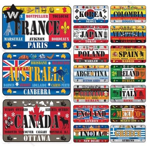 National Flag Metal Plate Tin Sign France Flag Metal Poster South Tin Plaque Korea Spain Wall Sticker for Man Cave Vintage Decor