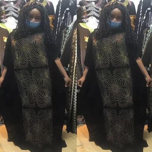2020 New African Gold Rhinestones 100% cotton Chiffon Long Dashiki Dress with Scarf For Lady African clothes DRESS 722