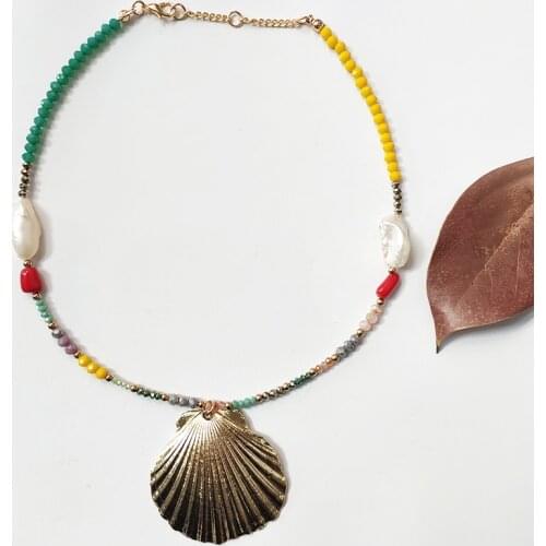 Gold color shell pendant necklace colorful crystal beads baroque pearl handmade jewelry lady charm clothes accessories exquisite