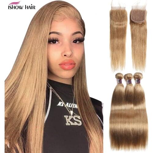 Ishow 27# Light Brown Bundles With Closure Brazilian Bone Straight Bundles With Closure Brown Human Hair Bundles With Closure