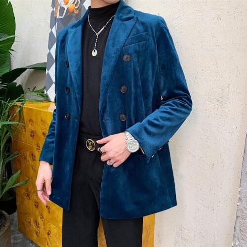 Casual Blazer Coat Uniform Male Streetwear Suit Jacket Outerwear Stage Clothing Men Velvet Vintage Double Breasted Loose