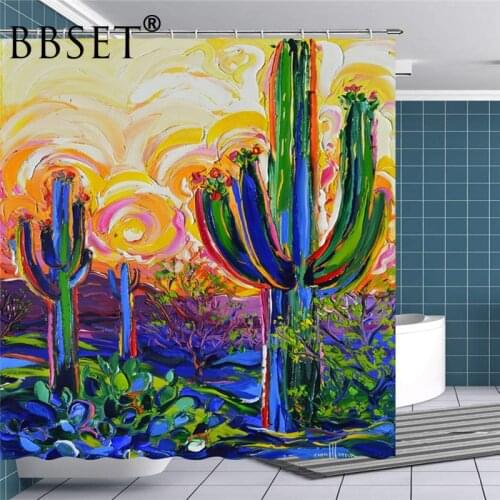 Desert Plants Shower Curtain Oil Painting Cactus Pattern Waterproof Multi-size Douchegordijn Bathroom Decor with 12 Hooks