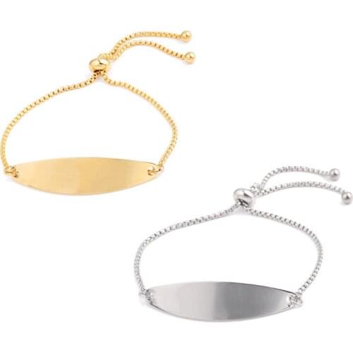 Silver Color/Gold Color Stainless Steel Blank Bend Bar Bracelet For Engrave Metal Plate Adjustable Chain Mirror Polished 10pcs