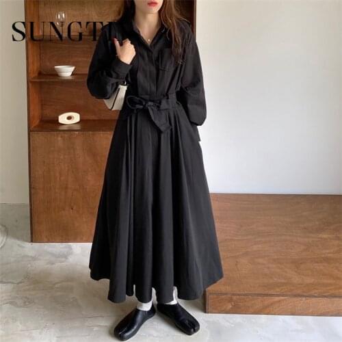 Sungtin Lace Up New Women Shirt Oversized Pleated Dresses Sashes Korean Elegant Casual Midi Solid Shirt Dress Vestidos Femme
