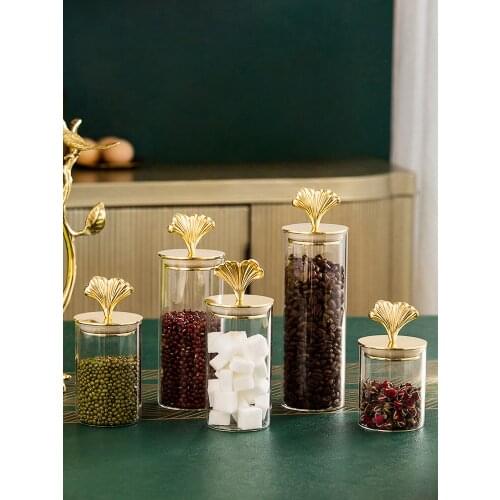 Light Luxurious Pure Copper Ginkgo Leaf Glass Seal Up Pot Kitchen Storage Tank Vessel Originality The Sugar Bowl Restaurant